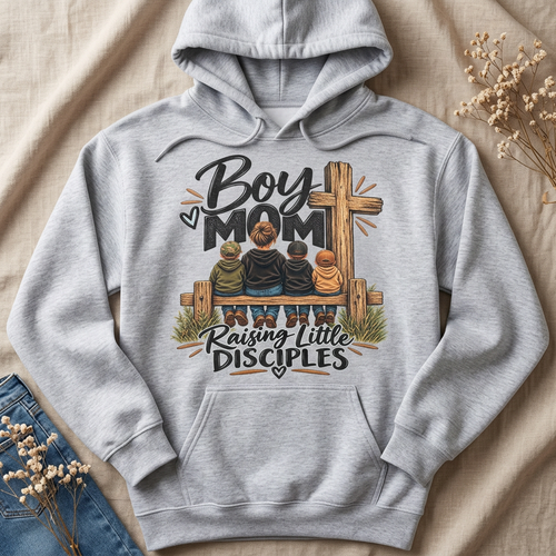 Boy Mom design on a grey hoodie