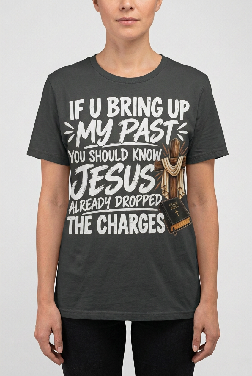 Dark grey T-shirt on a model with white lettering