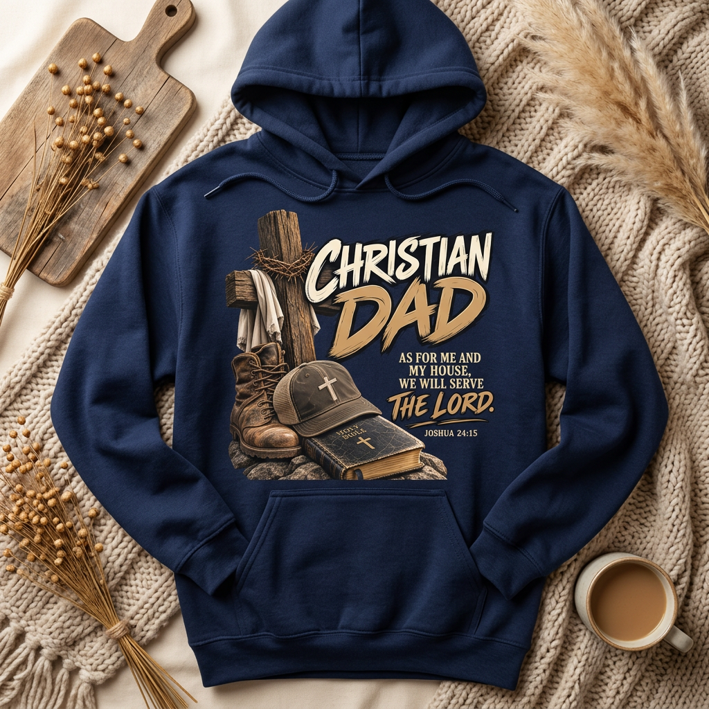 Christian Dad design on a navy hoodie in a cozy flat lay