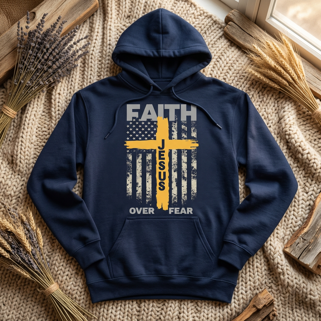 Faith Over Fear design with gold cross on a navy hoodie in a cozy flat lay