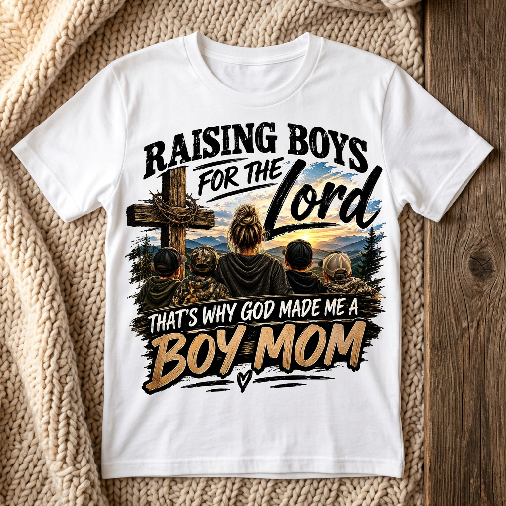 Raising Boys for the Lord design on a white T-shirt in a cozy setting