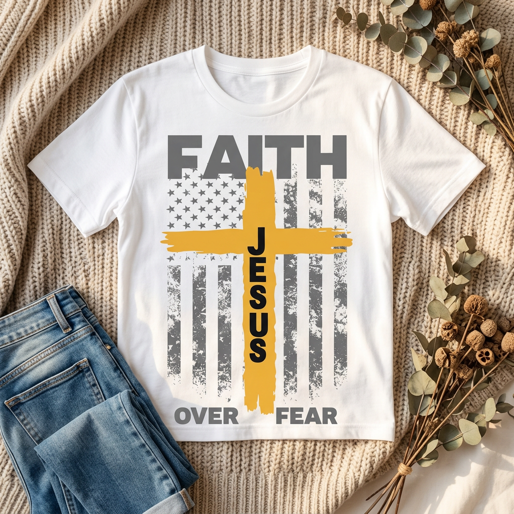 Faith Over Fear design with gold cross on a white T-shirt in a cozy flat lay
