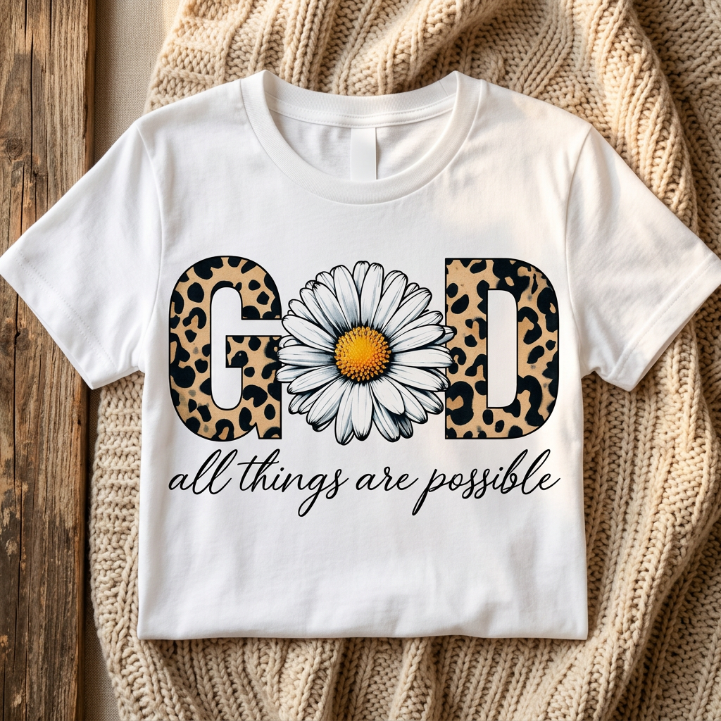 God all things are possible leopard and daisy design on a white T-shirt