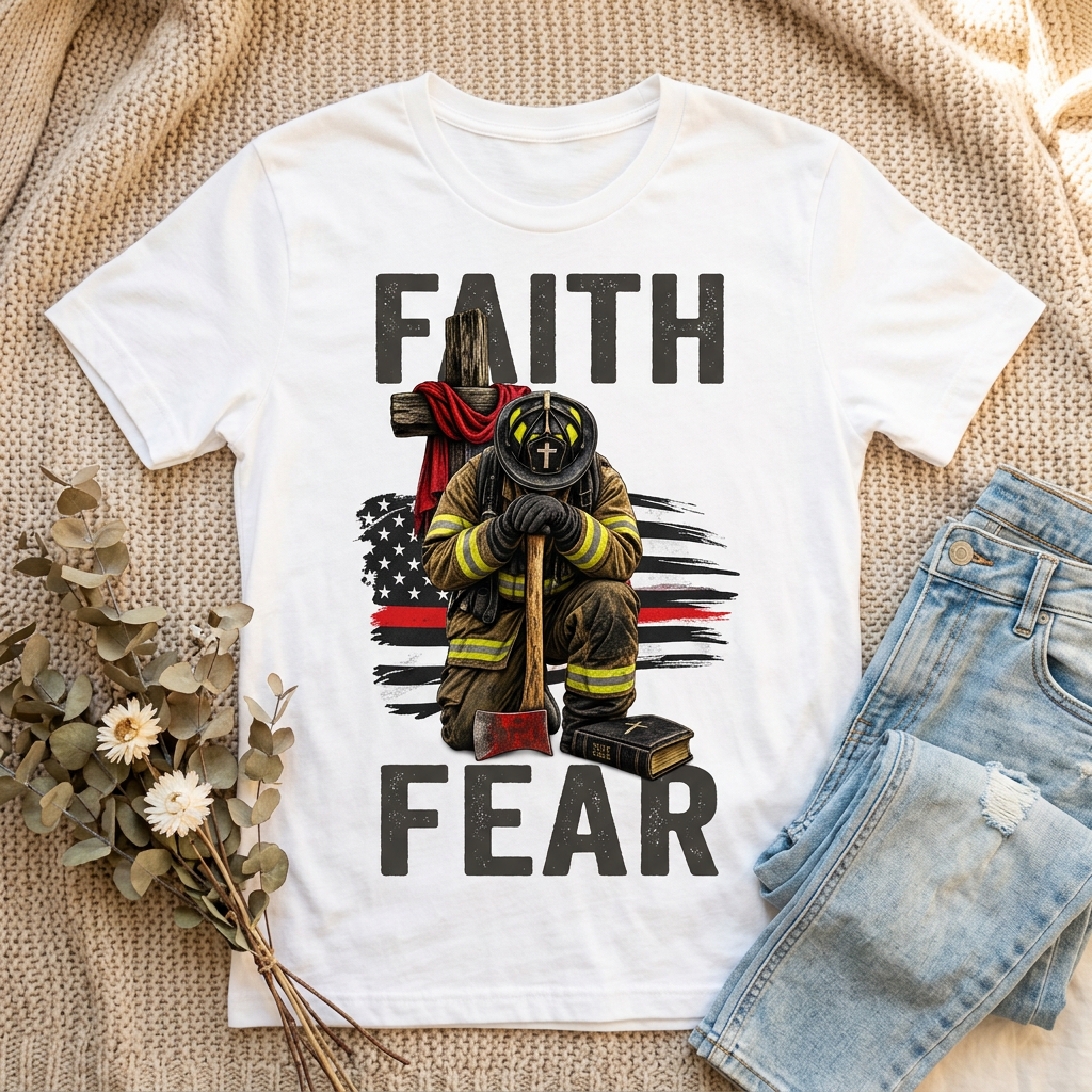 Faith Over Fear praying firefighter design on a white T-shirt