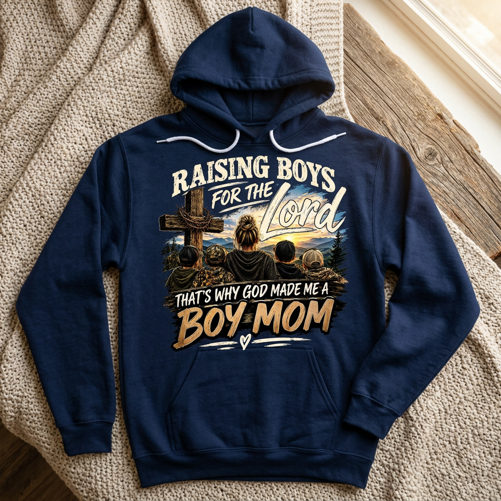 Raising Boys for the Lord design on a navy hoodie in a cozy setting