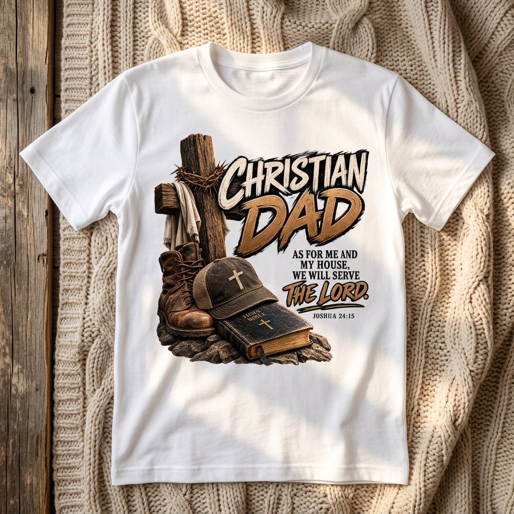 Christian Dad design on a white T-shirt in a cozy setting