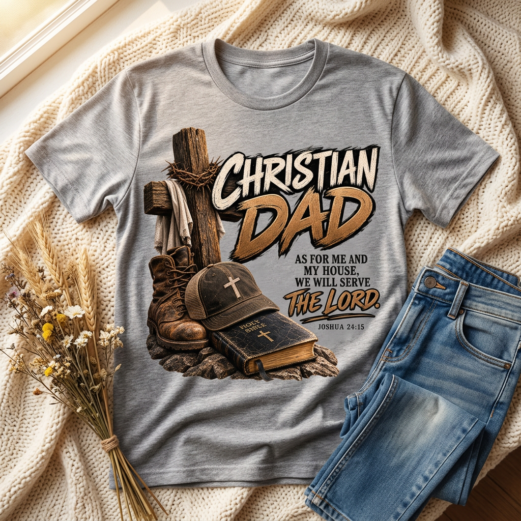 Christian Dad design on a gray T-shirt in a cozy flat lay