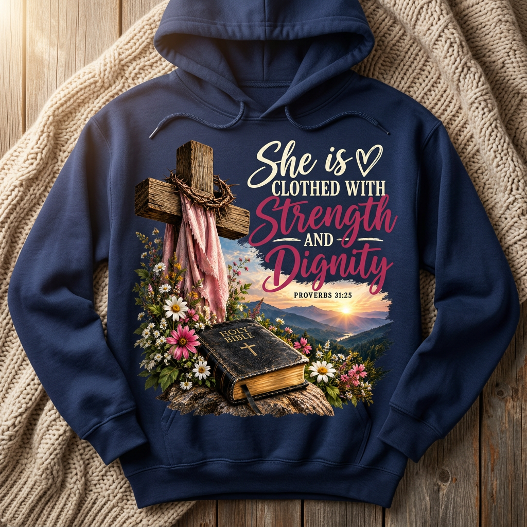 Strength and Dignity Proverbs 31:25 design on a navy hoodie in a cozy setting
