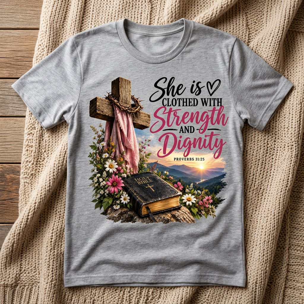 Strength and Dignity Proverbs 31:25 design on a gray T-shirt in a cozy setting