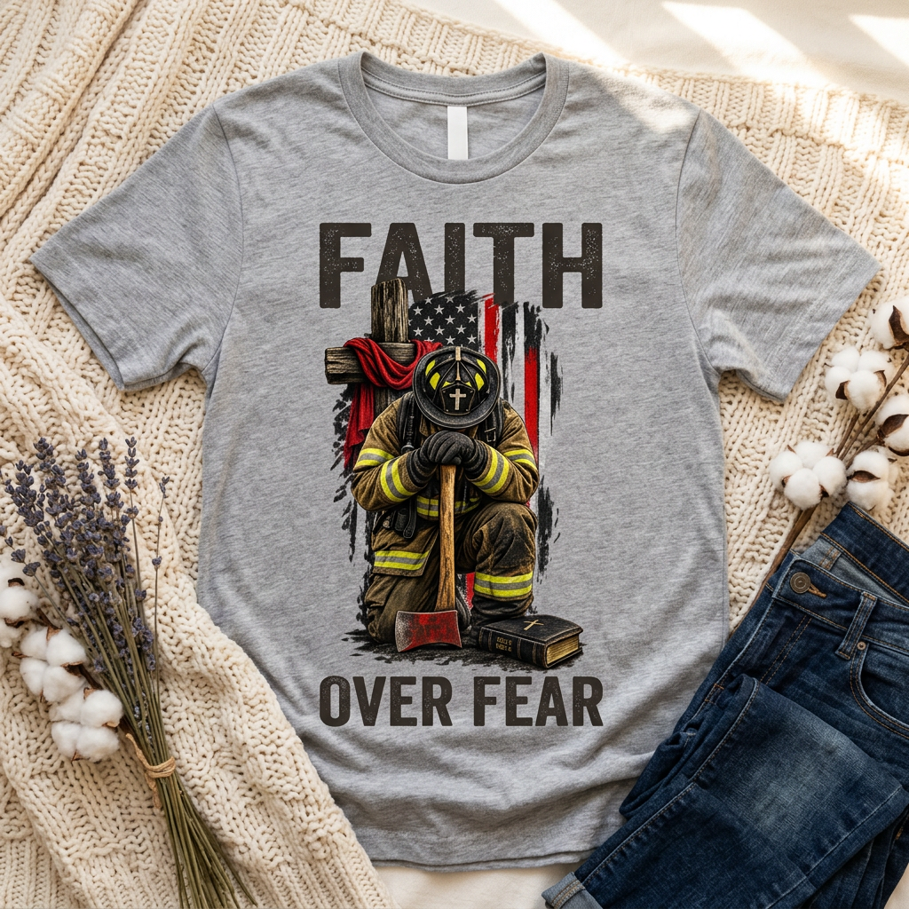 Faith Over Fear praying firefighter design on a gray T-shirt