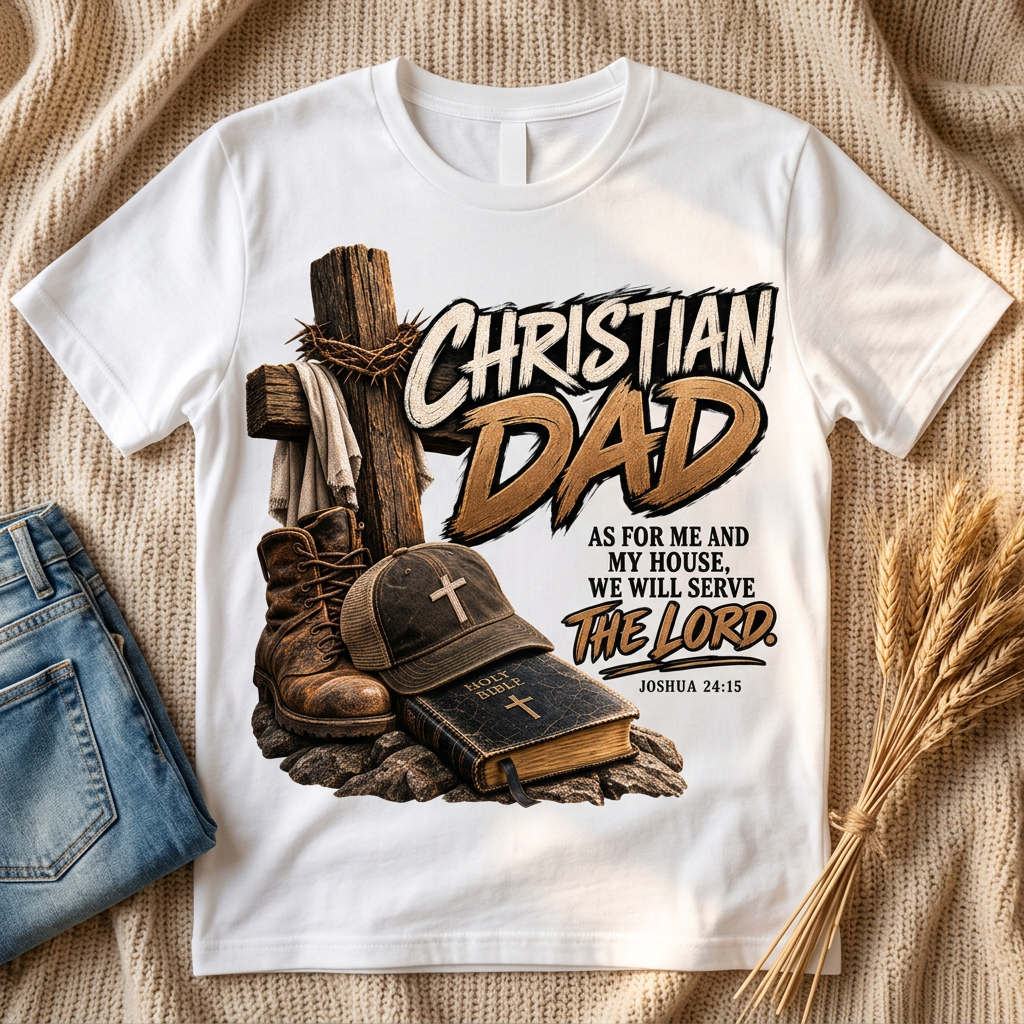 Christian Dad design on a white T-shirt in a cozy flat lay