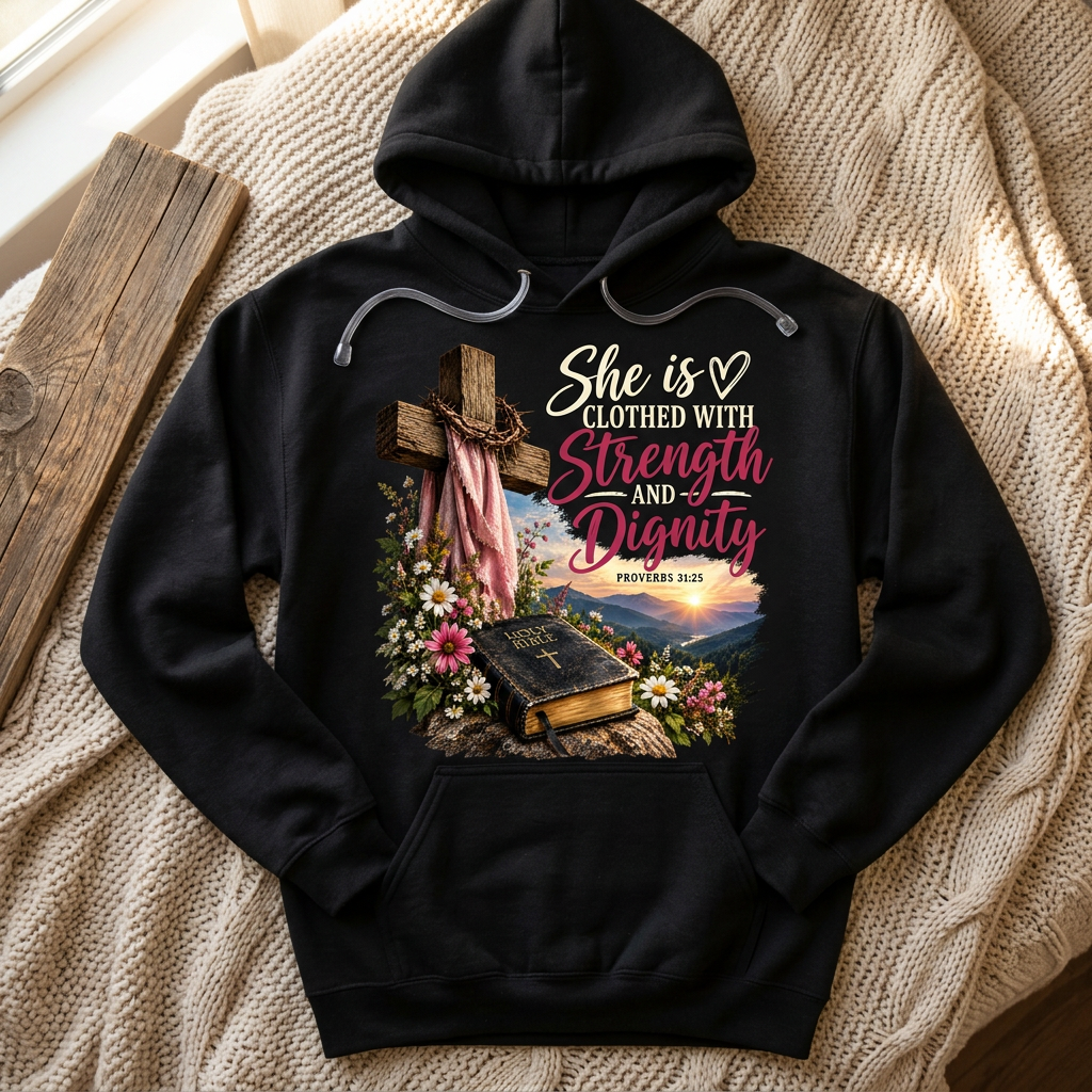 Strength and Dignity Proverbs 31:25 design on a black hoodie in a cozy setting