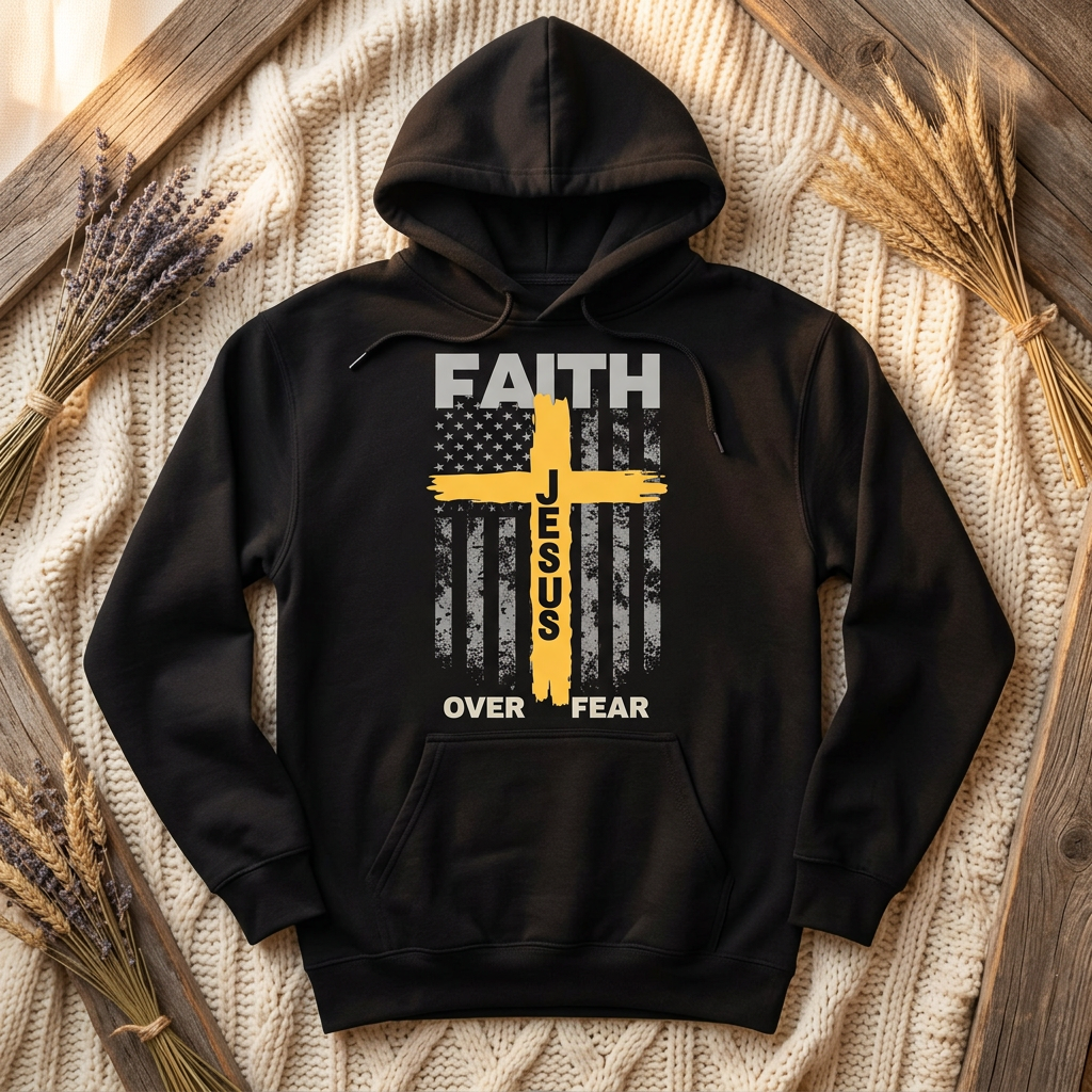 Faith Over Fear design with gold cross on a black hoodie in a cozy flat lay