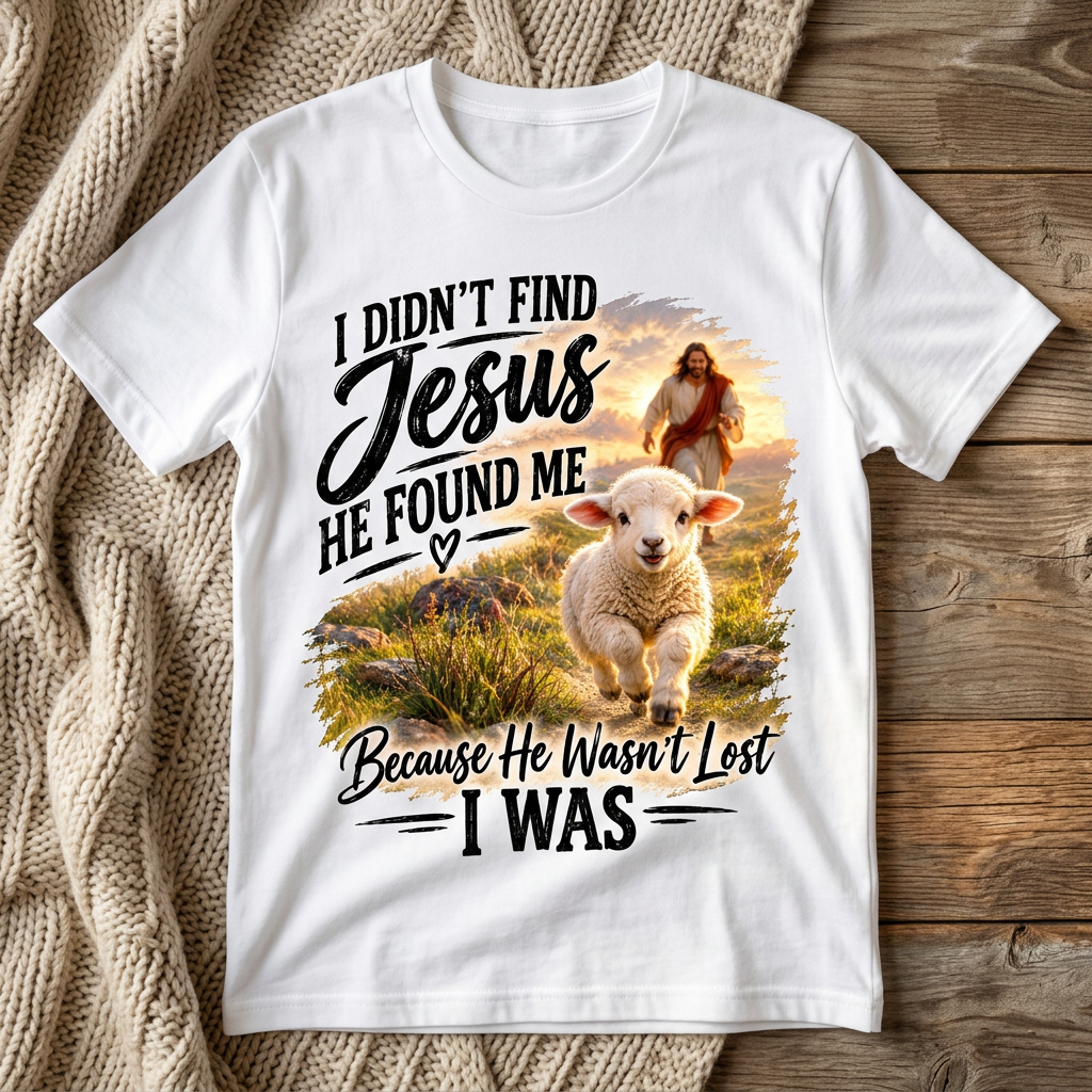Jesus Found Me design on a white T-shirt in a cozy setting