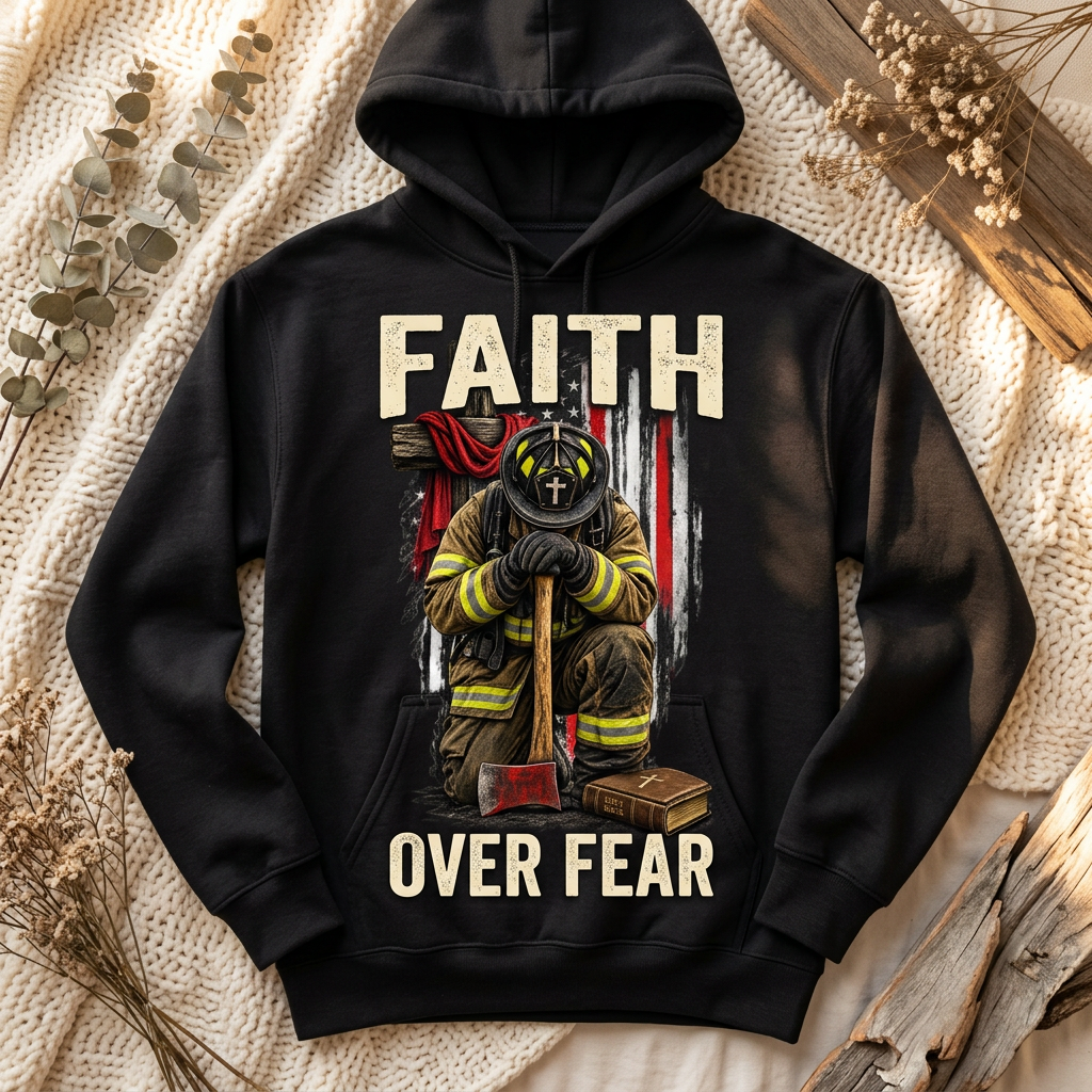 Faith Over Fear praying firefighter design on a black hoodie