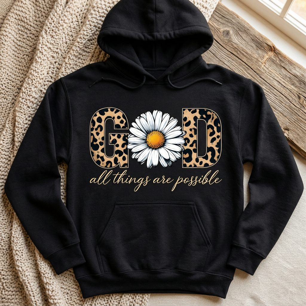 God all things are possible leopard and daisy design on a black hoodie