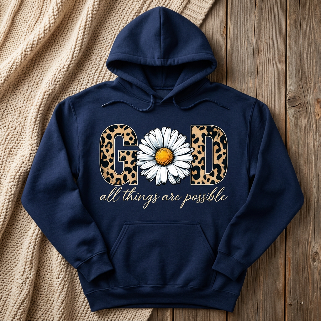 God all things are possible leopard and daisy design on a navy hoodie