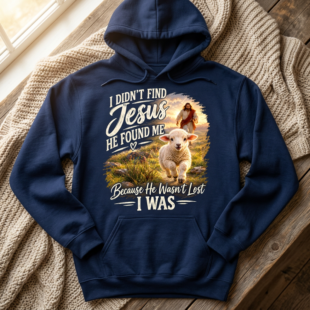 Jesus Found Me design on a navy hoodie in a cozy setting