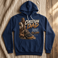 Christian Dad design on a navy hoodie in a cozy setting