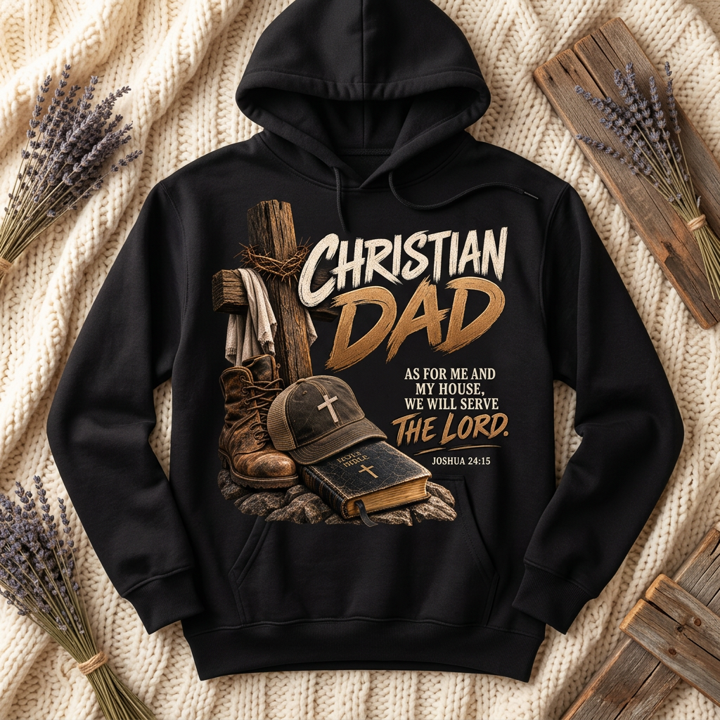 Christian Dad design on a black hoodie in a cozy flat lay
