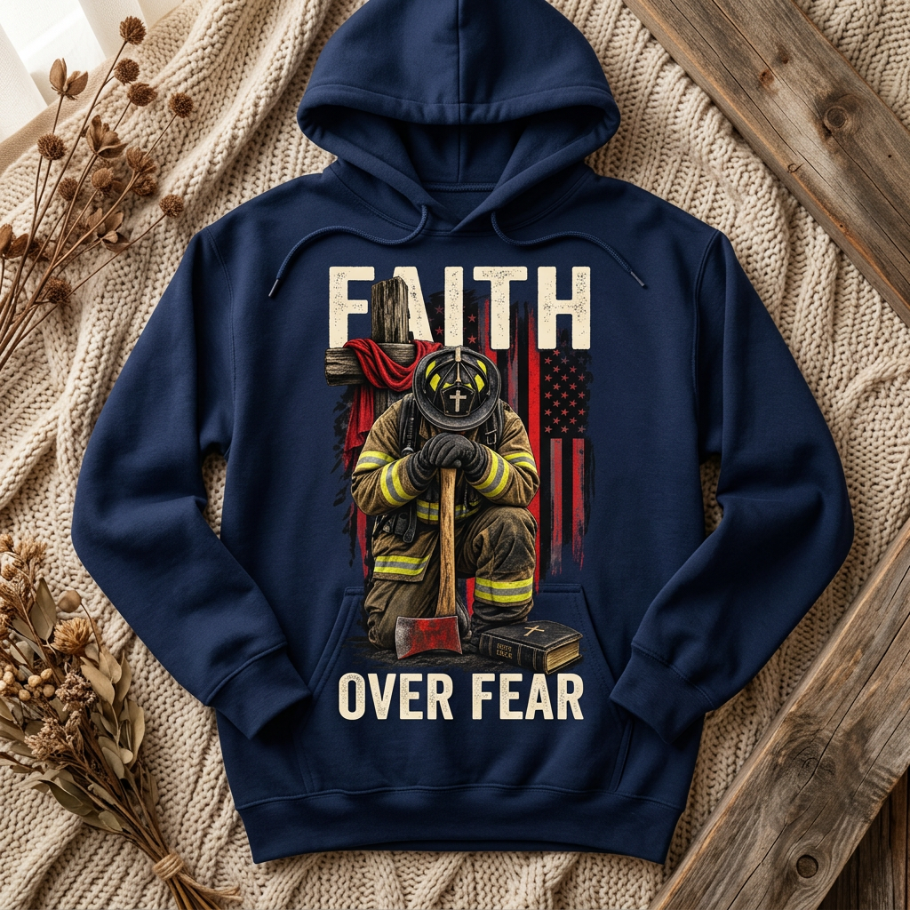 Faith Over Fear praying firefighter design on a navy hoodie