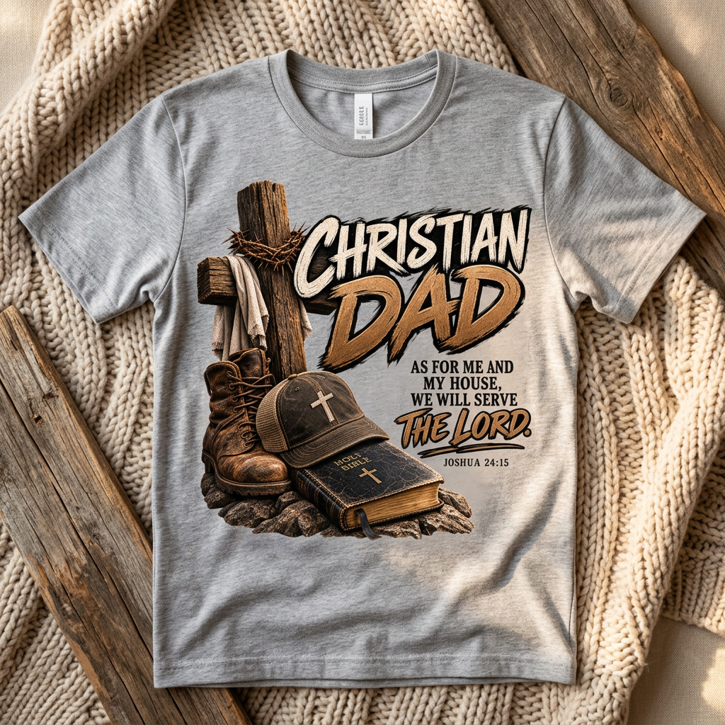Christian Dad design on a gray T-shirt in a cozy setting