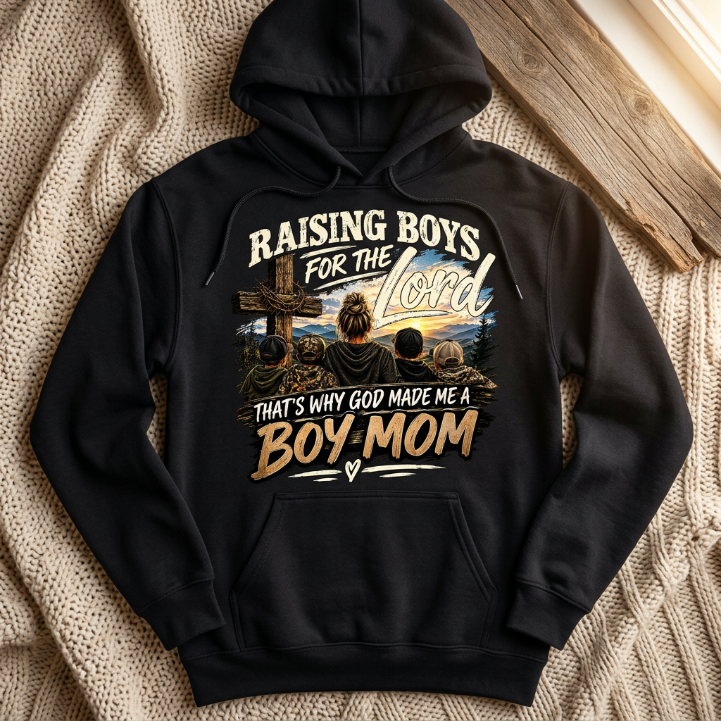 Raising Boys for the Lord design on a black hoodie in a cozy setting