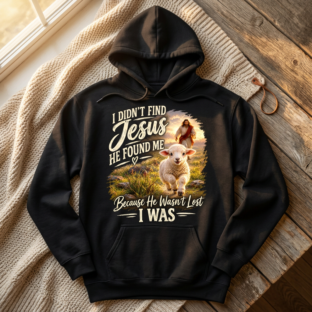 Jesus Found Me design on a black hoodie in a cozy setting