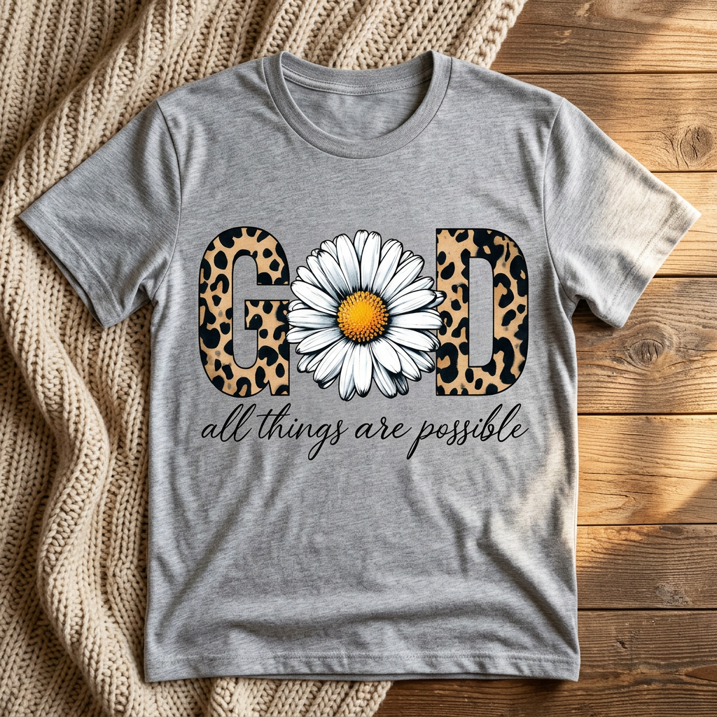 God all things are possible leopard and daisy design on a gray T-shirt