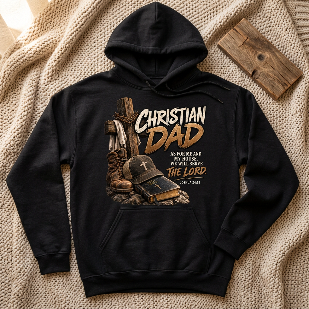 Christian Dad design on a black hoodie in a cozy setting
