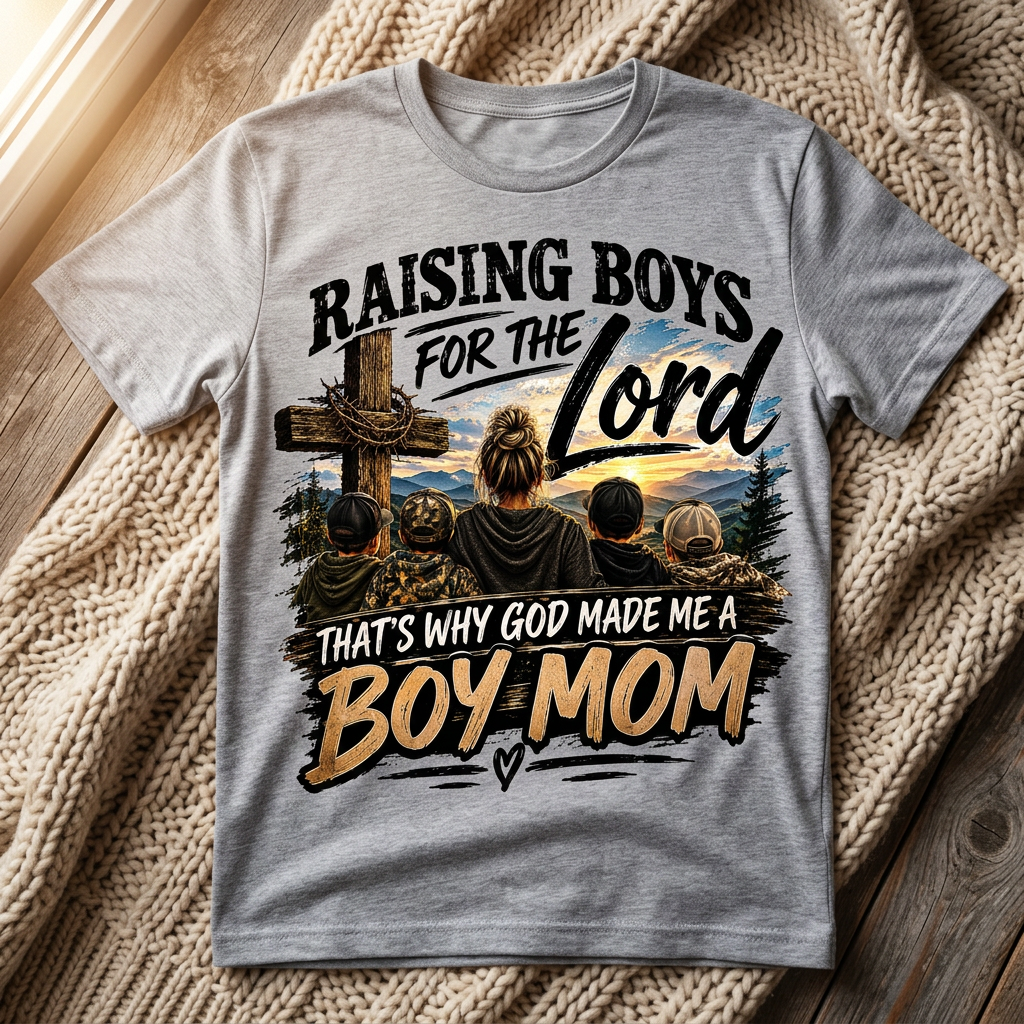 Raising Boys for the Lord design on a gray T-shirt in a cozy setting