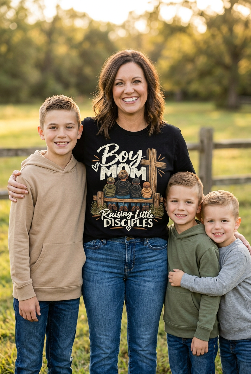 Mom with her boys wearing a black Boy Mom T-shirt with ivory lettering